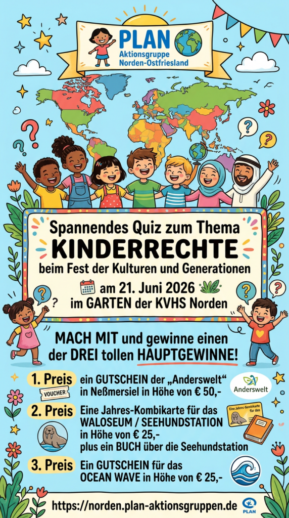 Buntes Plakat für ein Kinderrechte-Quiz am 21. Juni 2026 in Norden, Deutschland, mit Zeichentrick-Kindern, Regenbogen, Preisinformationen und Details zur Teilnahme am Fest der Kulturen und Generationen.
