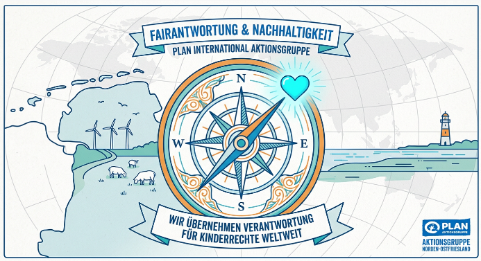 Illustration eines Kompasses mit einem Text über Verantwortung und Nachhaltigkeit, umgeben von Windrädern, Schafen, einem Leuchtturm und einer Weltkarte, die für den weltweiten Einsatz für Kinderrechte steht.
