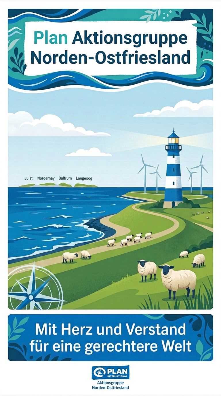 Illustration einer Küstenlandschaft mit einem Leuchtturm, Windrädern, auf grünen Hügeln weidenden Schafen und einem blauen Himmel. Der Text wirbt für die „Plan Aktionsgruppe Norden-Ostfriesland“, die sich für eine gerechtere Welt einsetzt.