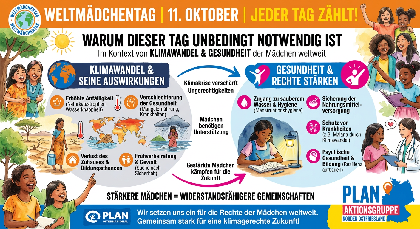 Infografik zum Internationalen Tag des Mädchens am 11. Oktober, die die Auswirkungen des Klimawandels auf die Gesundheit, Bildung und Rechte von Mädchen sowie die Lobbyarbeit von Plan International veranschaulicht.